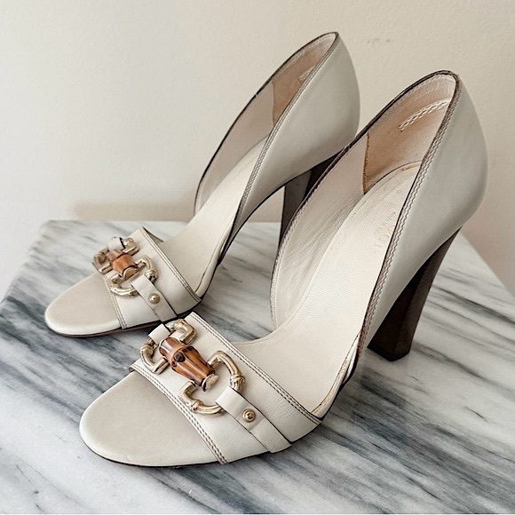 Gucci Leather Horsebit Accent Open Toe Heels - Picture 1 of 10